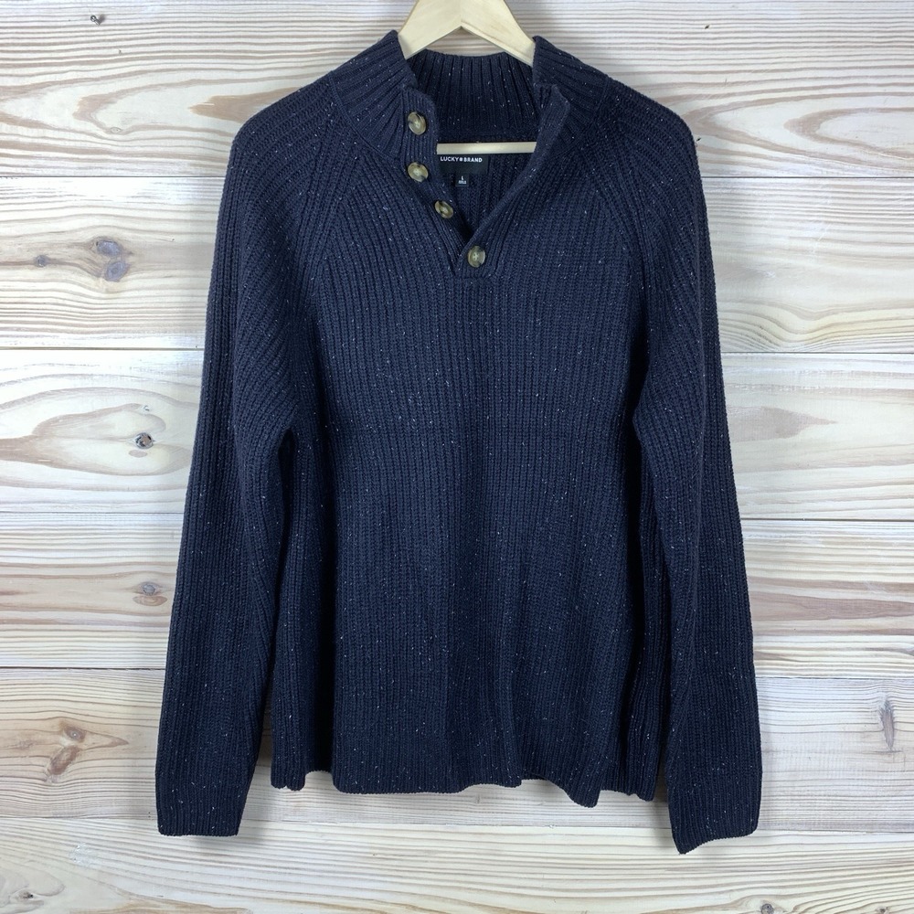 Lucky Brand Sweater Mens‎ Large Henley Raglan Chunky Knit Preppy Pullover
